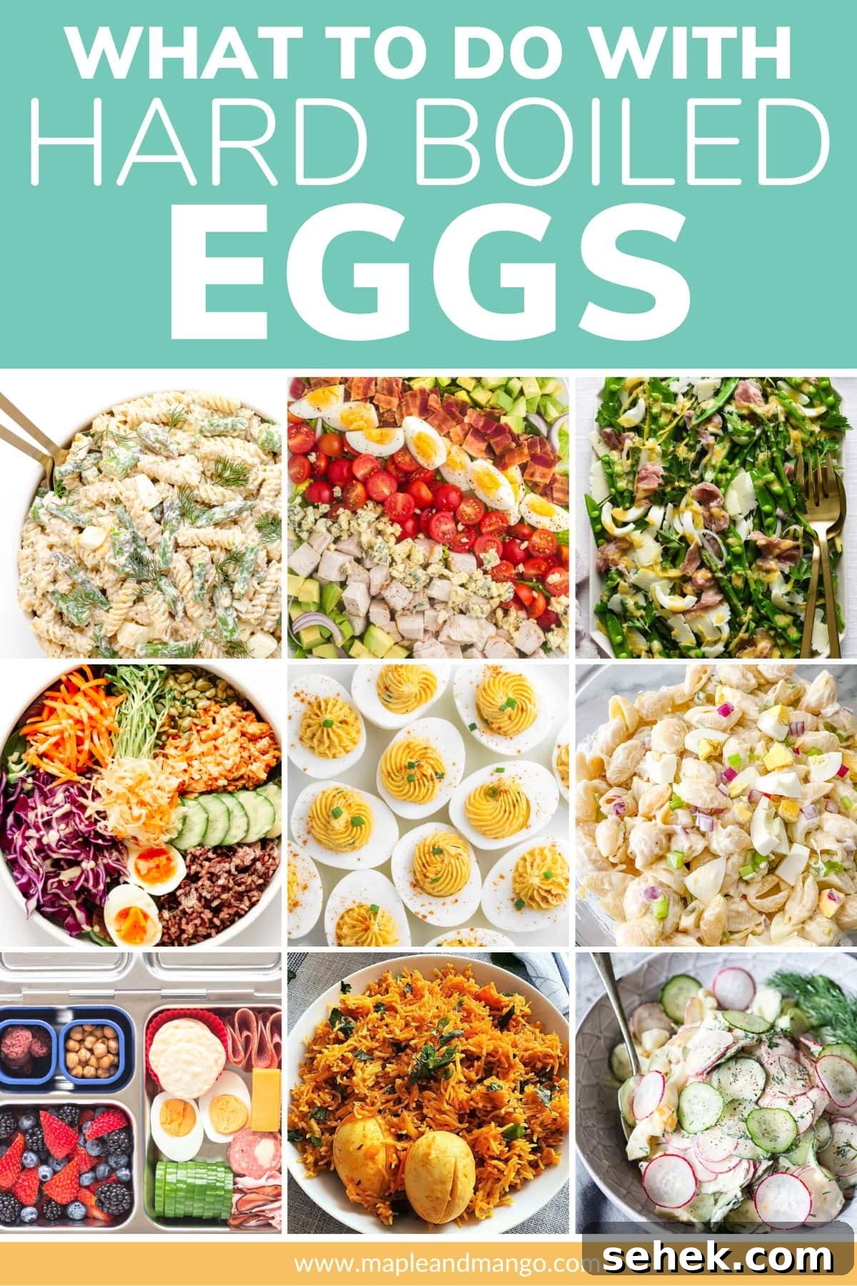 Ways to Use Hard-Boiled Eggs: Recipes, Tips, and Ideas 4 Photo collage of dishes that include hard boiled eggs with text overlay that reads 'What To Do With Hard Boiled Eggs'.