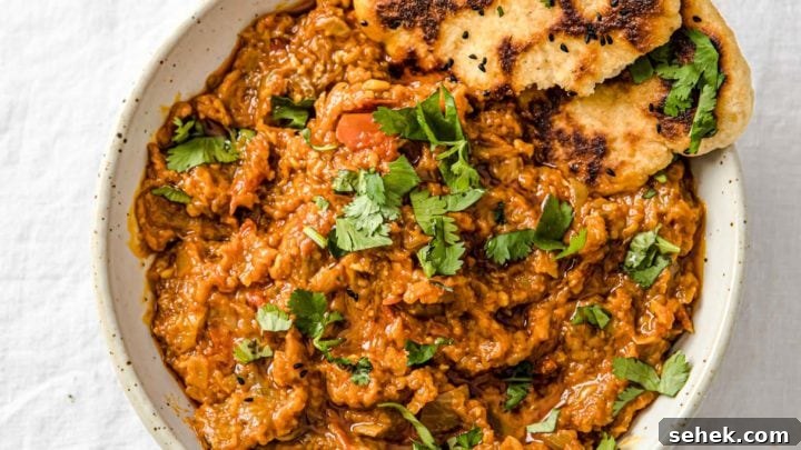 Baingan Bharta (Oven-Roasted Eggplant Curry) in a speckled bowl with naan and garnished cilantro.