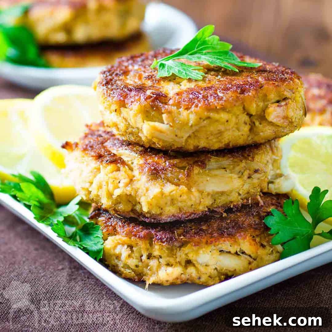 Affordable Seafood Recipes for Flavorful Weeknight Meals 3 Side view of three crab cakes stacked on a white plate garnished with herbs and sliced lemons.