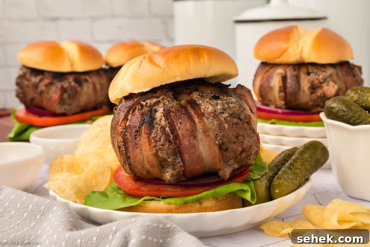 Bacon-Wrapped Burger Recipe: Juicy Grilled Bacon Burger Guide 2 Bacon Wrapped Burger on a plate with a side of pickles and potato chips