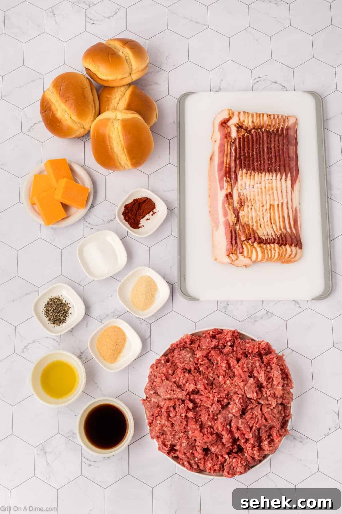Bacon-Wrapped Burger Recipe: Juicy Grilled Bacon Burger Guide 3 Ingredients - Ground Beef, Worcestershire Sauce, Garlic powder, onion powder, paprika, salt and pepper, cheese, bacon, olive oil, buns