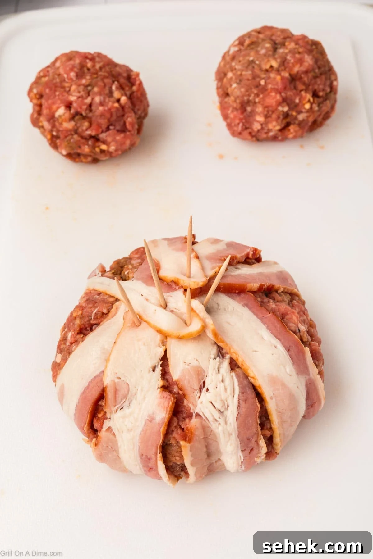 Bacon-Wrapped Burger Recipe: Juicy Grilled Bacon Burger Guide 9 Bacon wrapped around ground beef ball on the cutting board