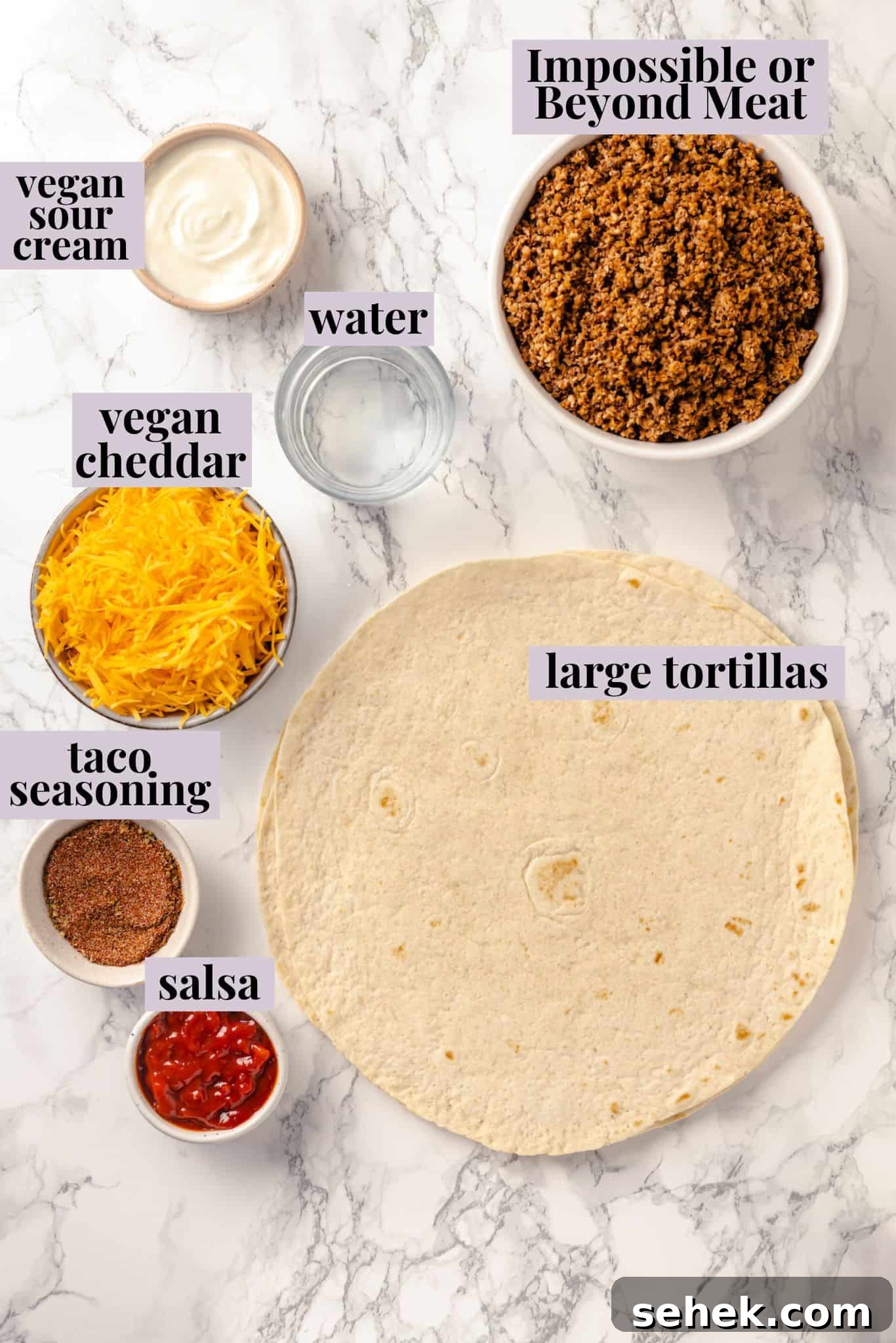 Overhead view of ingredients for taco bake