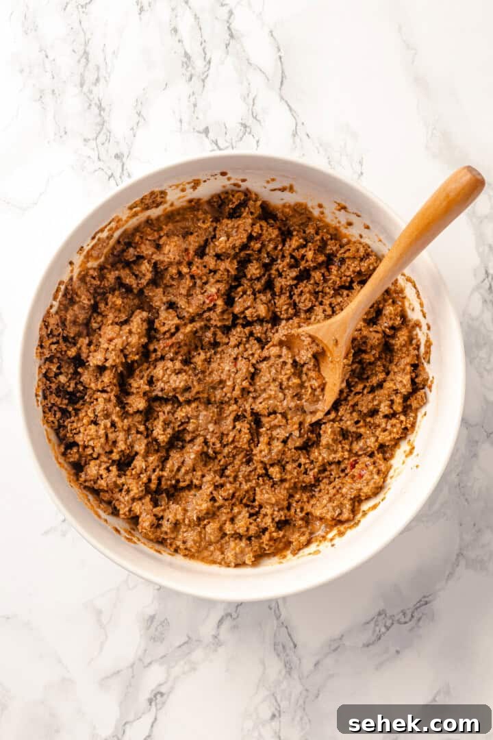Overhead view of vegan taco meat mixture in bowl