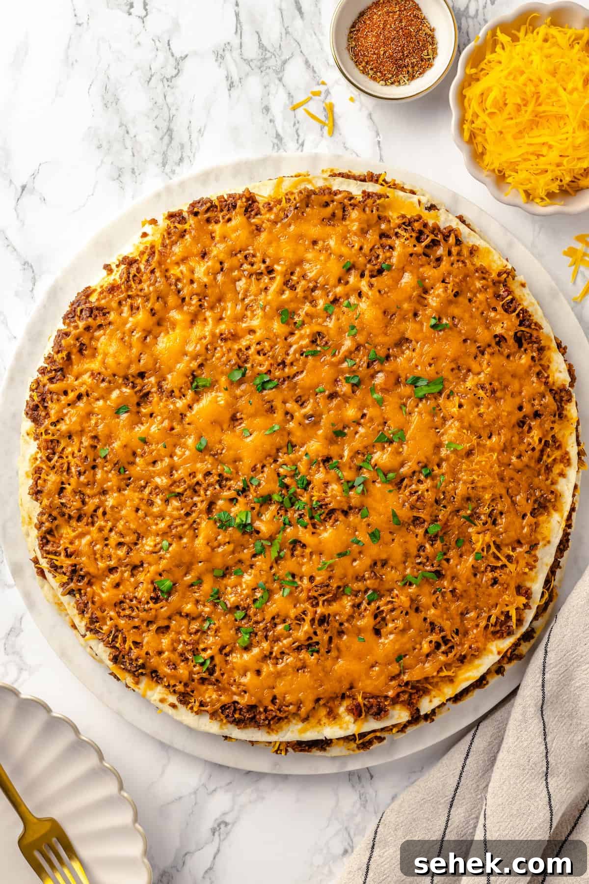 Overhead view of taco bake before slicing