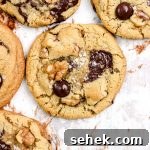 Chocolate chip walnut cookies on a parchment lined baking sheet.