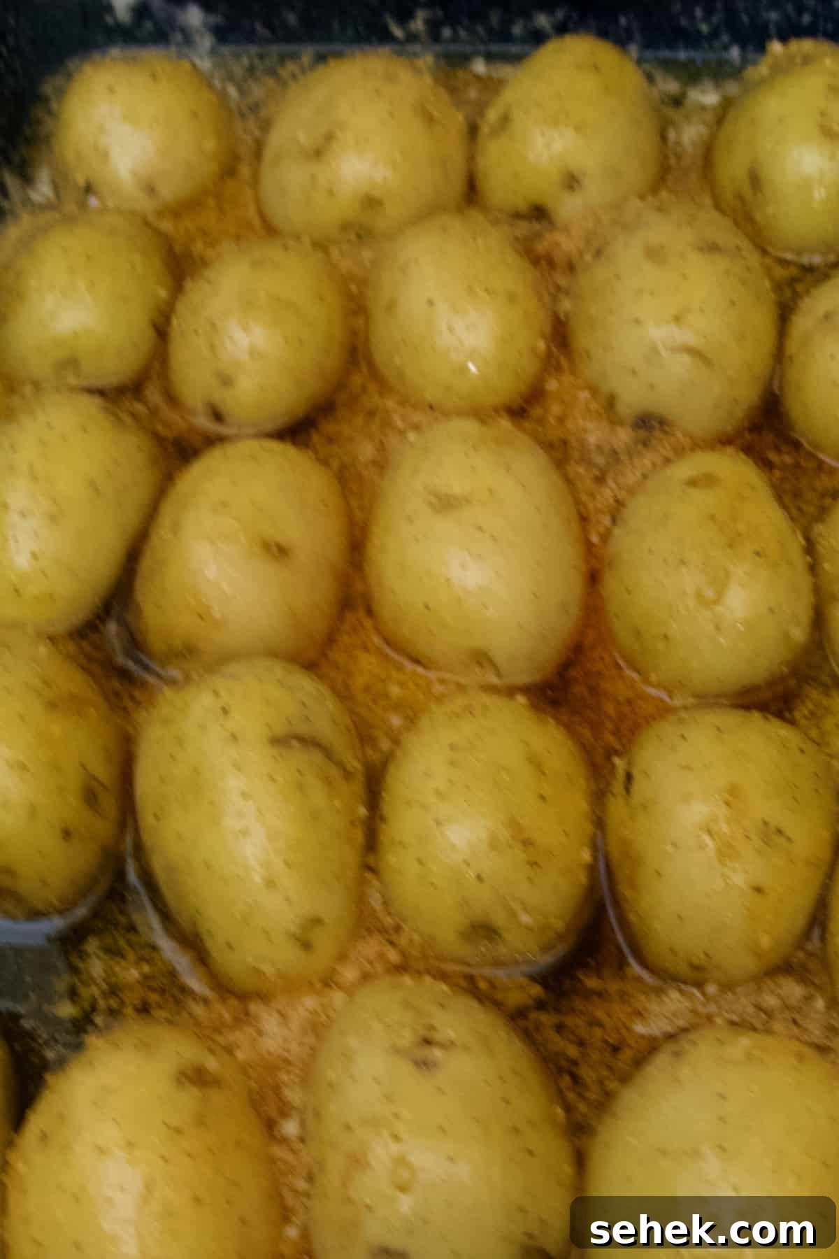 Crispy Parmesan Roasted Potatoes with Garlic and Herbs 6 parmesan roasted potatoes cut side down in baking dish in butter and spices