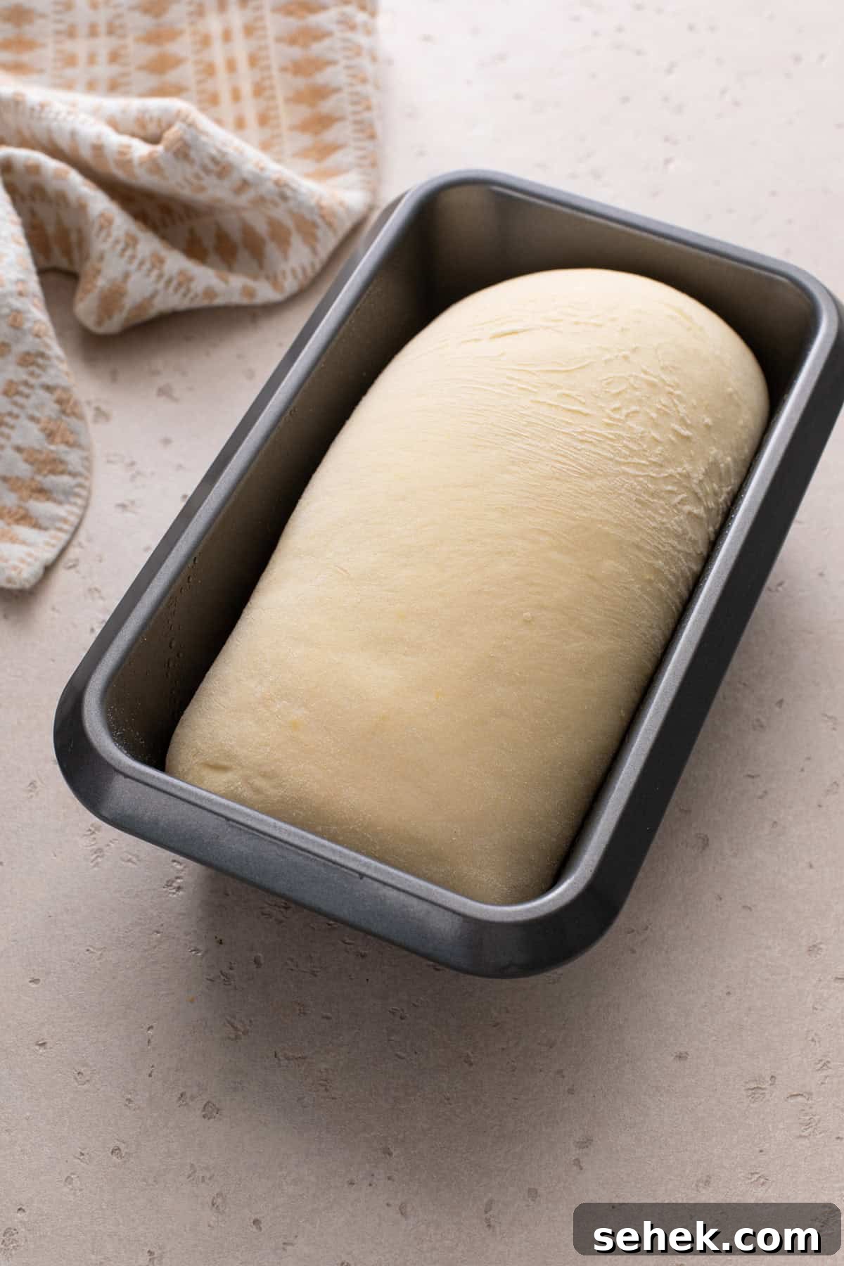 Risen loaf of potato bread in a loaf pan, ready to go in the oven.