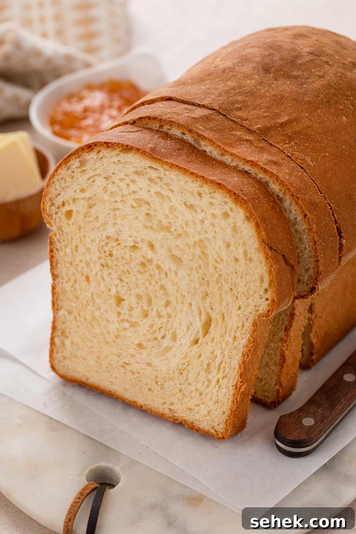 Cross section view of a slice of potato bread, showing the texture of the crumb.