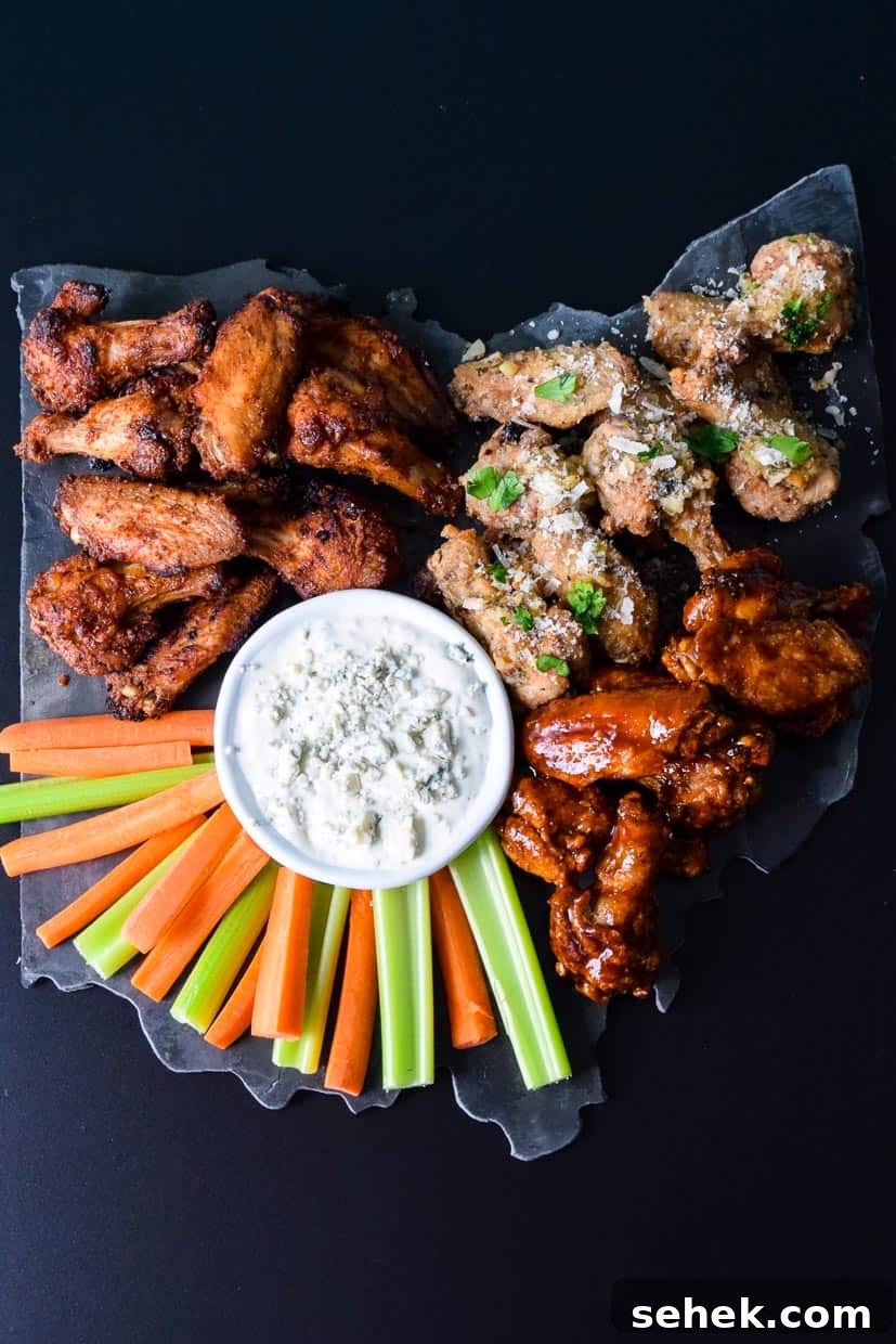 Crispy Air Fryer Wings for Game Day 12 Air Fryer Game Day Wings served on black Ohio shaped platter with blue cheese and veggies overhead shot
