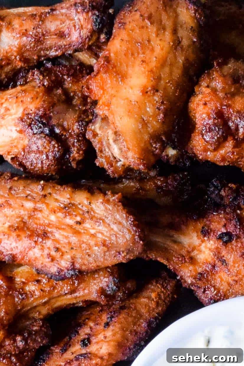 Crispy Air Fryer Wings for Game Day 5 Close up view of air fried dry rubbed BBQ wings