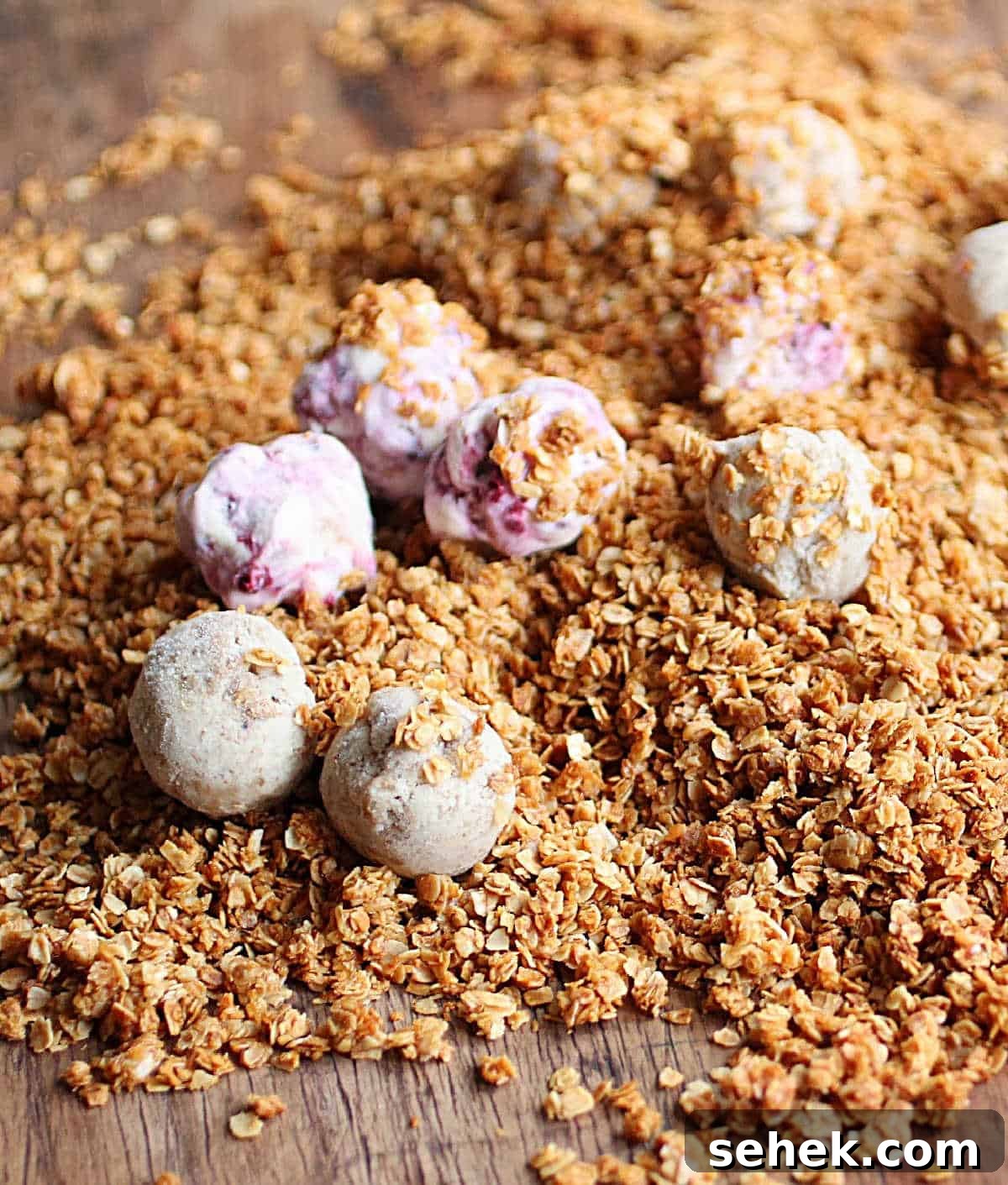 Ice Cream–Filled Granola Truffles: No-Bake Dessert Bites 3 Granola mound on wooden table with ice cream truffles on top.