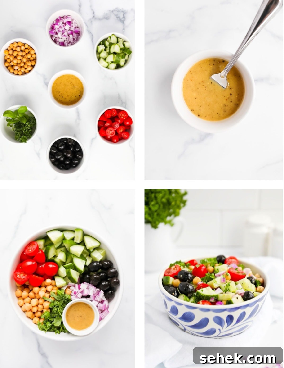Classic Greek Cucumber Salad with Feta and Olives 4 Step by step instructions to make cucumber salad. One picture shows the ingredients in small white bowls, the next shows a homemade salad dressing, then all of the ingredients in a bowl, and the last image is the salad mixed together in a bowl.