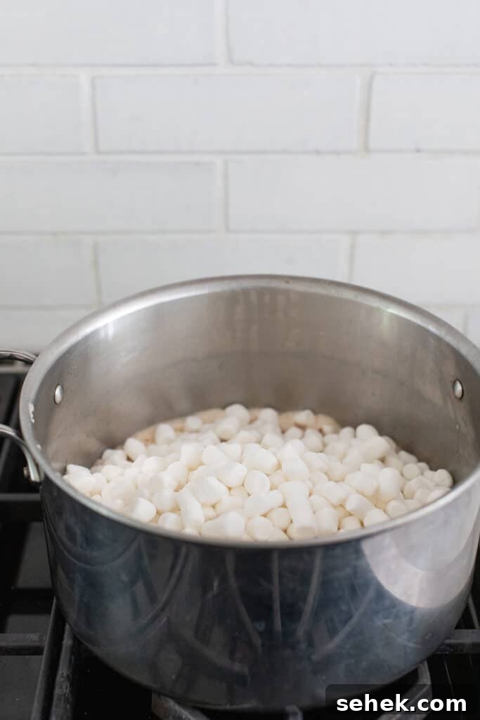 Adding marshmallows into a large pot.