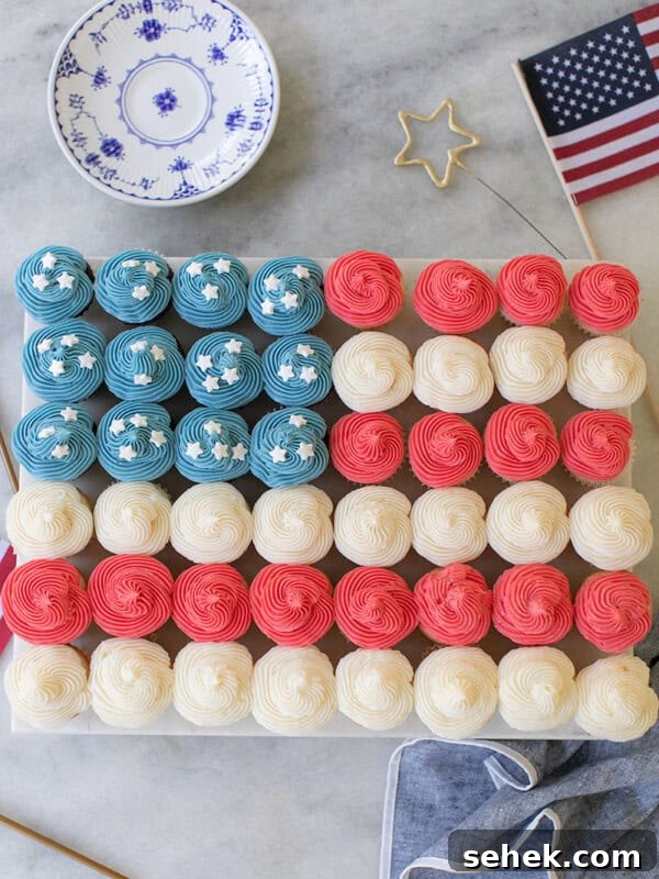 overhead photo of American flag made out of cupcakes