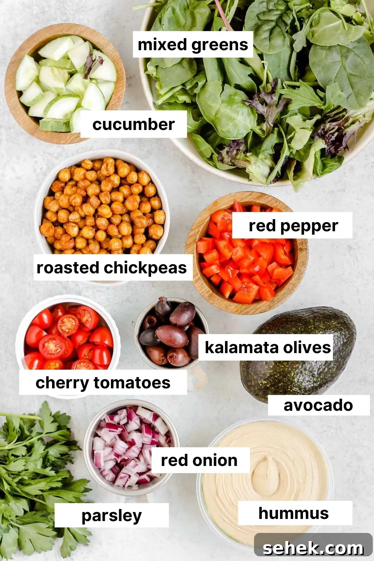 Labeled ingredients used in Mediterranean bowls.
