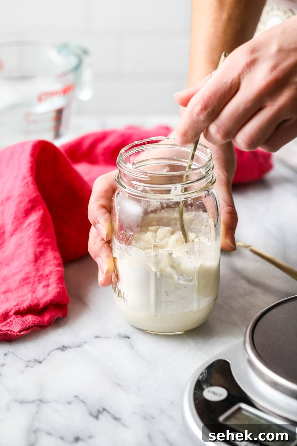 Sourdough Starter Care: How to Feed, Store, and Revive Yours 3 Stirring sourdough starter in mason jar
