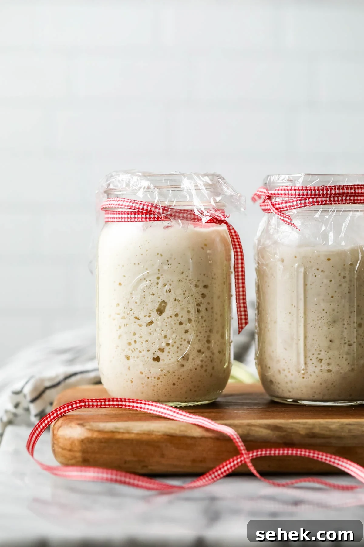 Sourdough Starter Care: How to Feed, Store, and Revive Yours 5 Active sourdough starter in mason jar with red ribbon