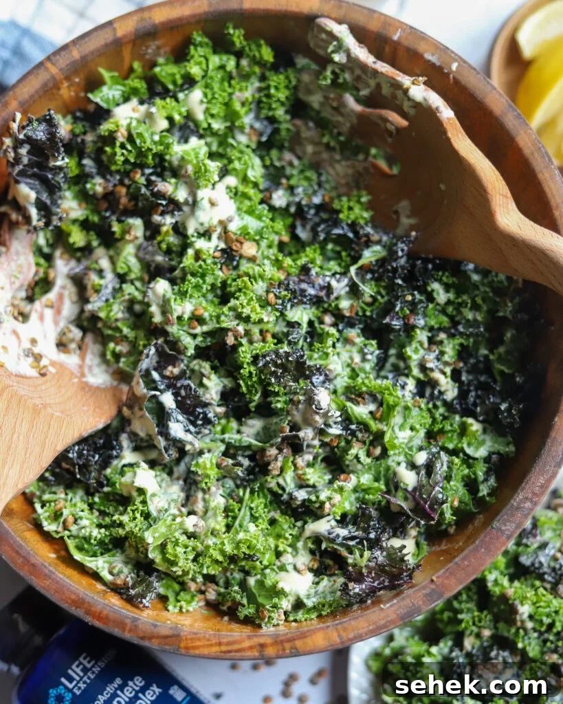 overhead view of a wooden bowl with homemade vegan caesar with lentils.