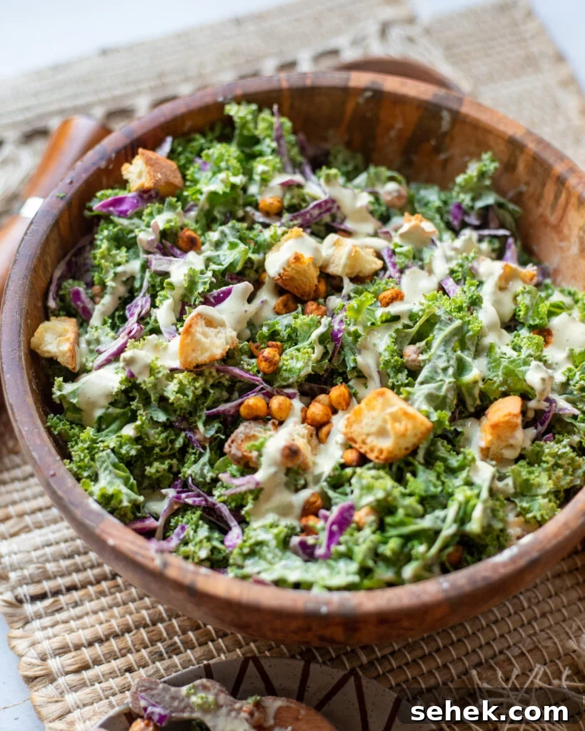 simple vegan kale caesar with croutons and chickpeas in a cashew based dressing.