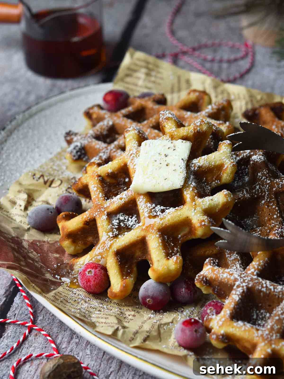 Spiced Eggnog Waffles with Warm Holiday Flavors 2 Close-up of eggnog waffles on a platter with cranberries around it.