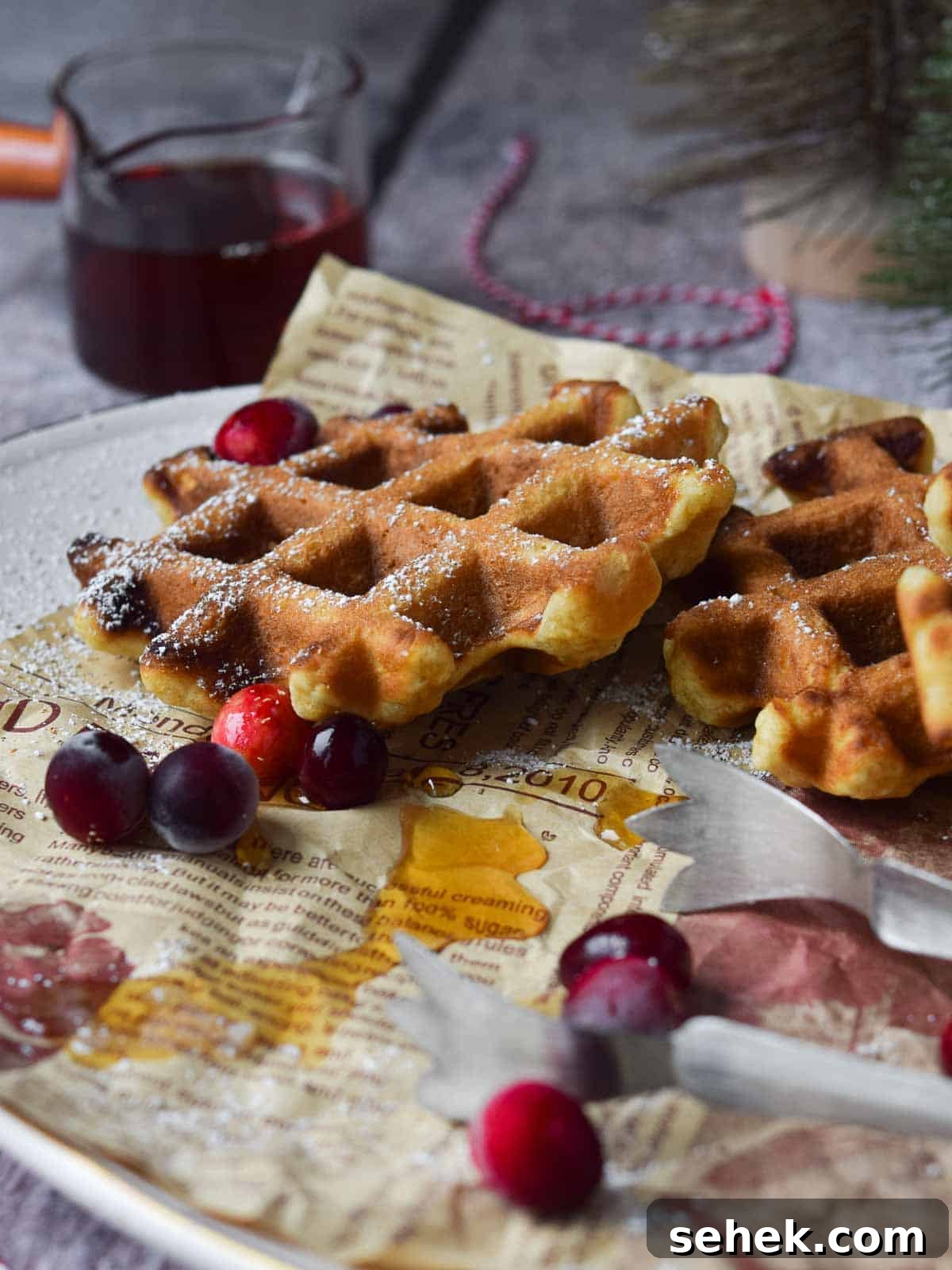 Spiced Eggnog Waffles with Warm Holiday Flavors 11 A platter of waffles with serving tongs and maple syrup.
