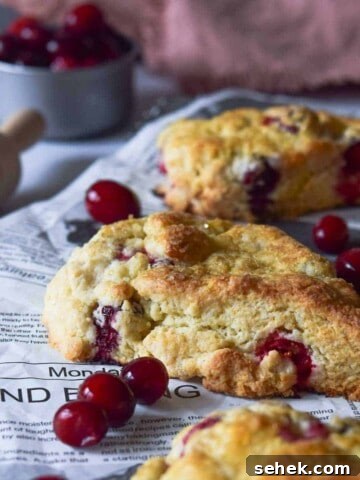Angled view of cranberry orange scones on a cooling rack with scattered cranberries.