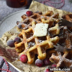 Spiced Eggnog Waffles with Warm Holiday Flavors 16 Close-up of eggnog waffles on a platter with cranberries around it.