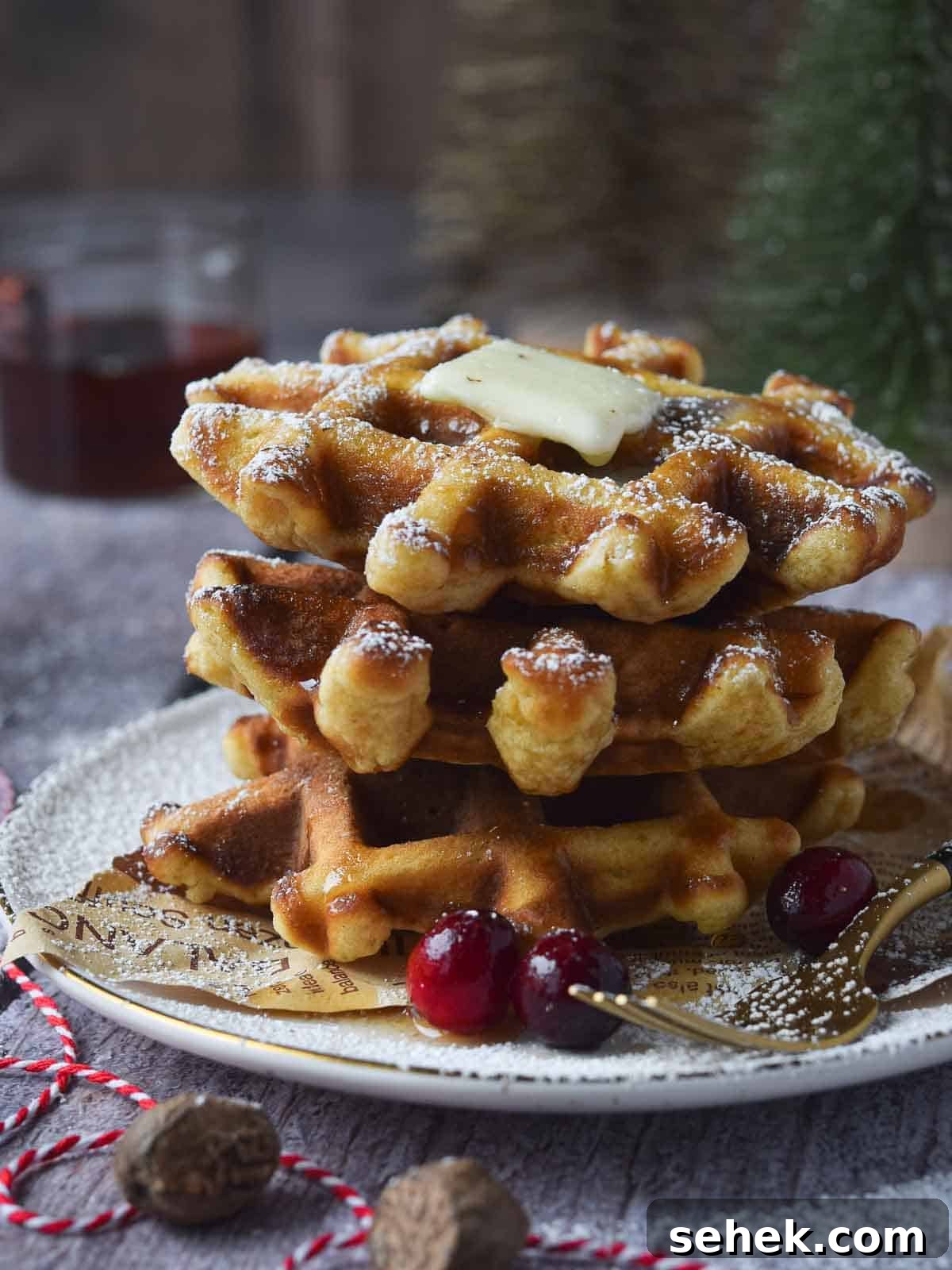 Spiced Eggnog Waffles with Warm Holiday Flavors 10 Eggnog waffles stacked on a plate with butter and powdered sugar.