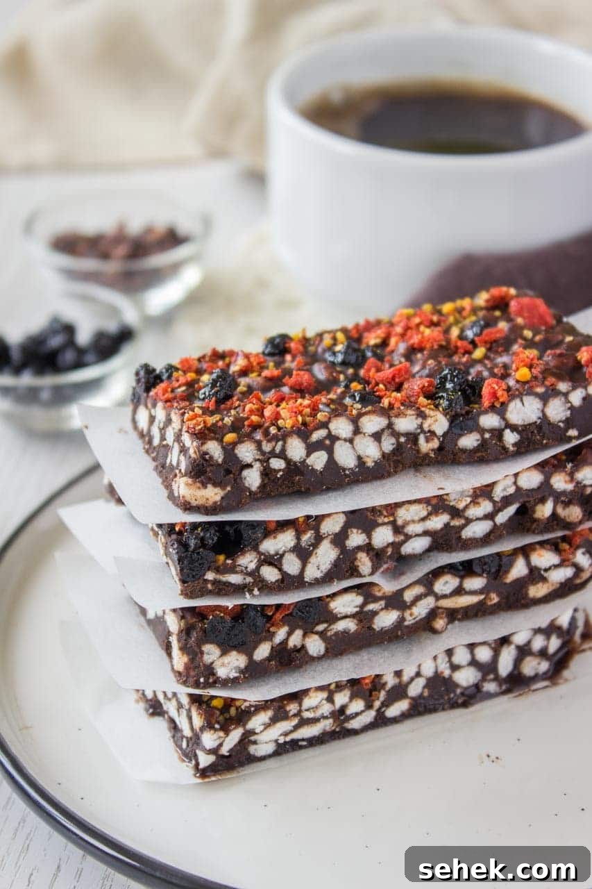 Raw Chocolate Peanut Butter Crunch Bars Recipe for No-Bake Treats 3 Raw Chocolate Peanut Butter Crunch Bars with puffed rice cereal
