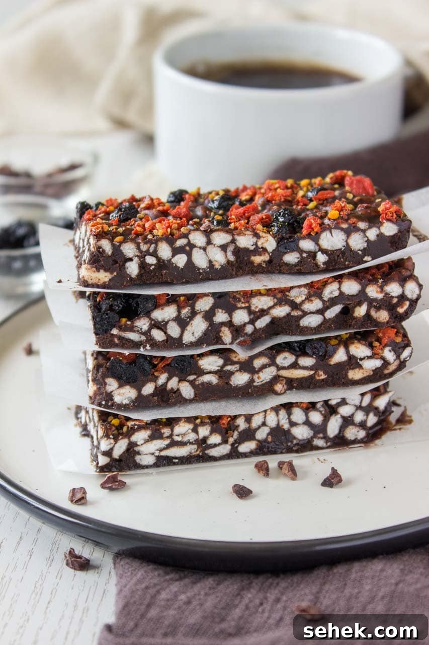Raw Chocolate Peanut Butter Crunch Bars Recipe for No-Bake Treats 4 Raw Chocolate Peanut Butter Crunch Bars with puffed rice cereal