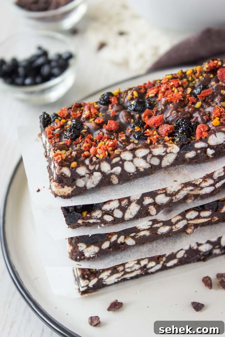 Raw Chocolate Peanut Butter Crunch Bars Recipe for No-Bake Treats 5 Raw Chocolate Peanut Butter Crunch Bars with puffed rice cereal