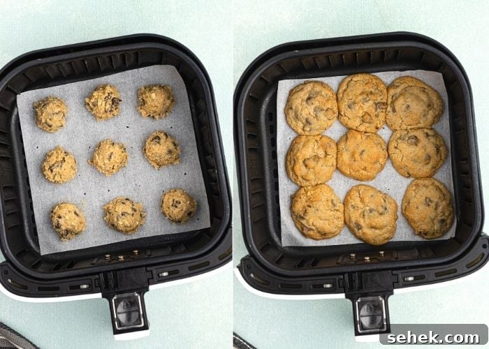How to Make DoubleTree Signature Cookies in an Air Fryer 3 Side by side photos of cookie dough and cooked cookies in the air fryer basket.