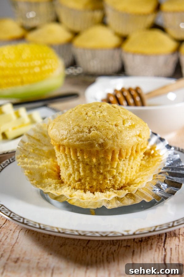 Classic Cornbread Muffins Made with Whole Kernel Corn 3 Unwrapped cornbread muffin on a plate