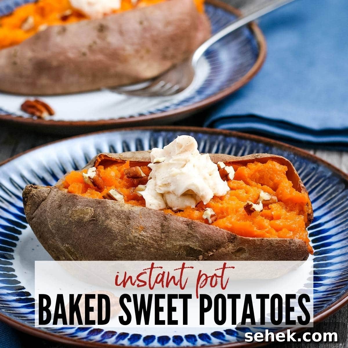 sweet potato sliced open after cooking in the instant pot topped with butter and pecans with text overlay