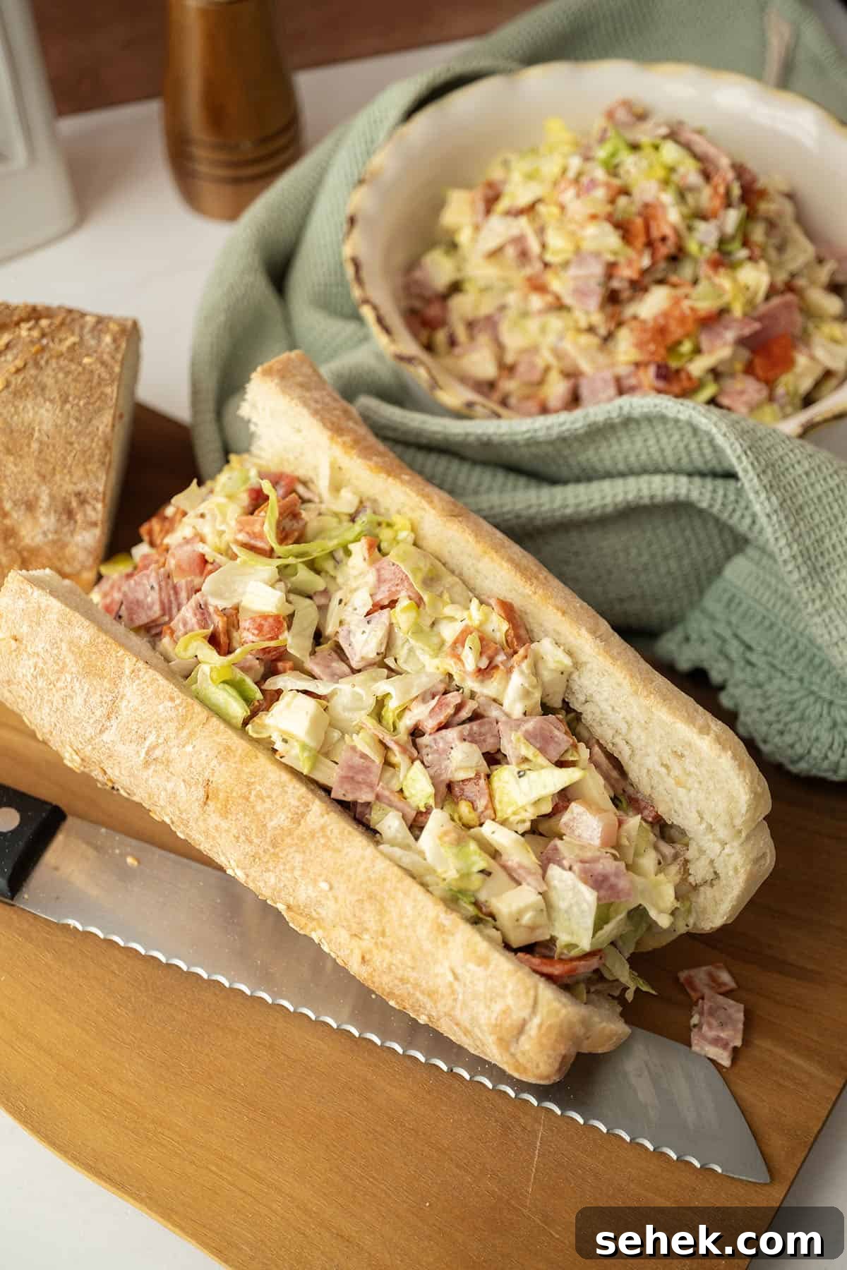 Classic Italian Chopped Sandwich Recipe for a Flavorful Sub 8 Chopped Italian salad in an sandwich roll with a bowl of the salad behind.