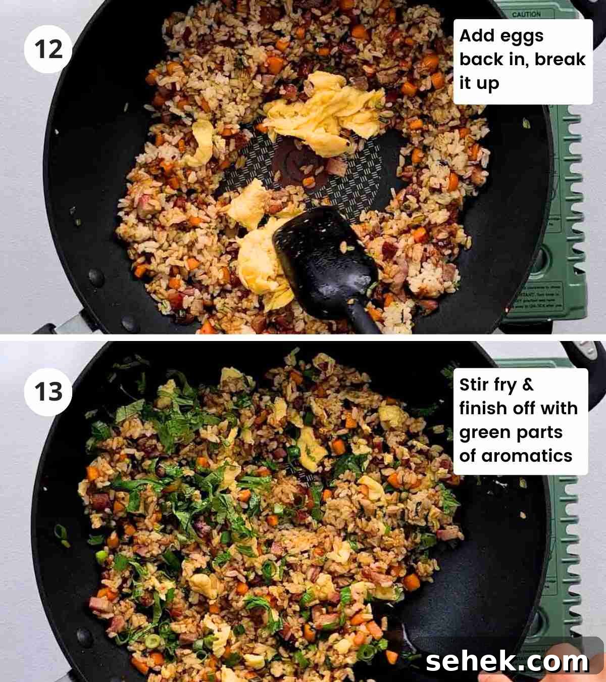 Chinese BBQ Pork Fried Rice Recipe — Authentic Char Siu Fried Rice 11 2 step collage of finishing up making this recipe with captions