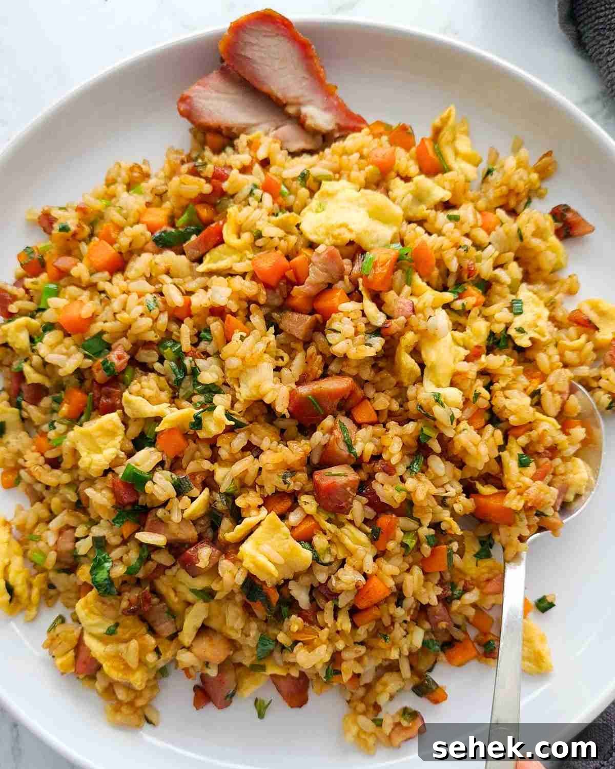 Chinese BBQ Pork Fried Rice Recipe — Authentic Char Siu Fried Rice 14 Overhead view of a plate of pork fried rice with a stainless steel spoon on the side
