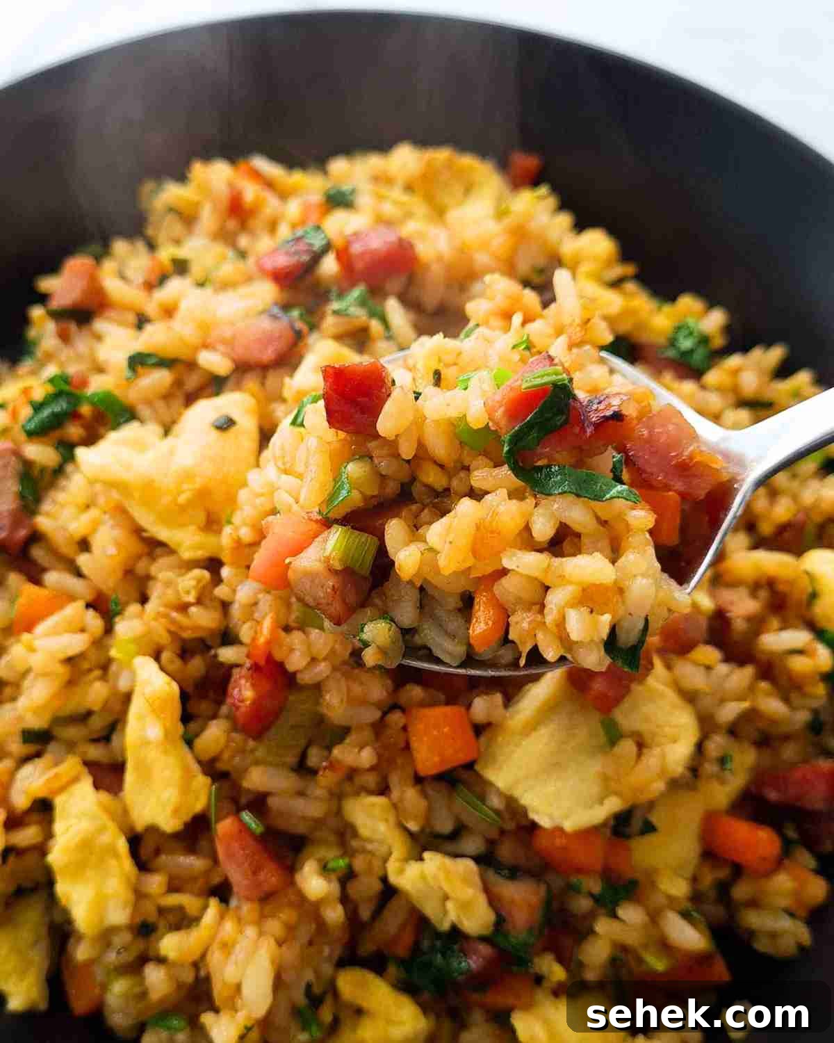 Chinese BBQ Pork Fried Rice Recipe — Authentic Char Siu Fried Rice 3 Close up of a steaming spoonful of freshly made fried rice