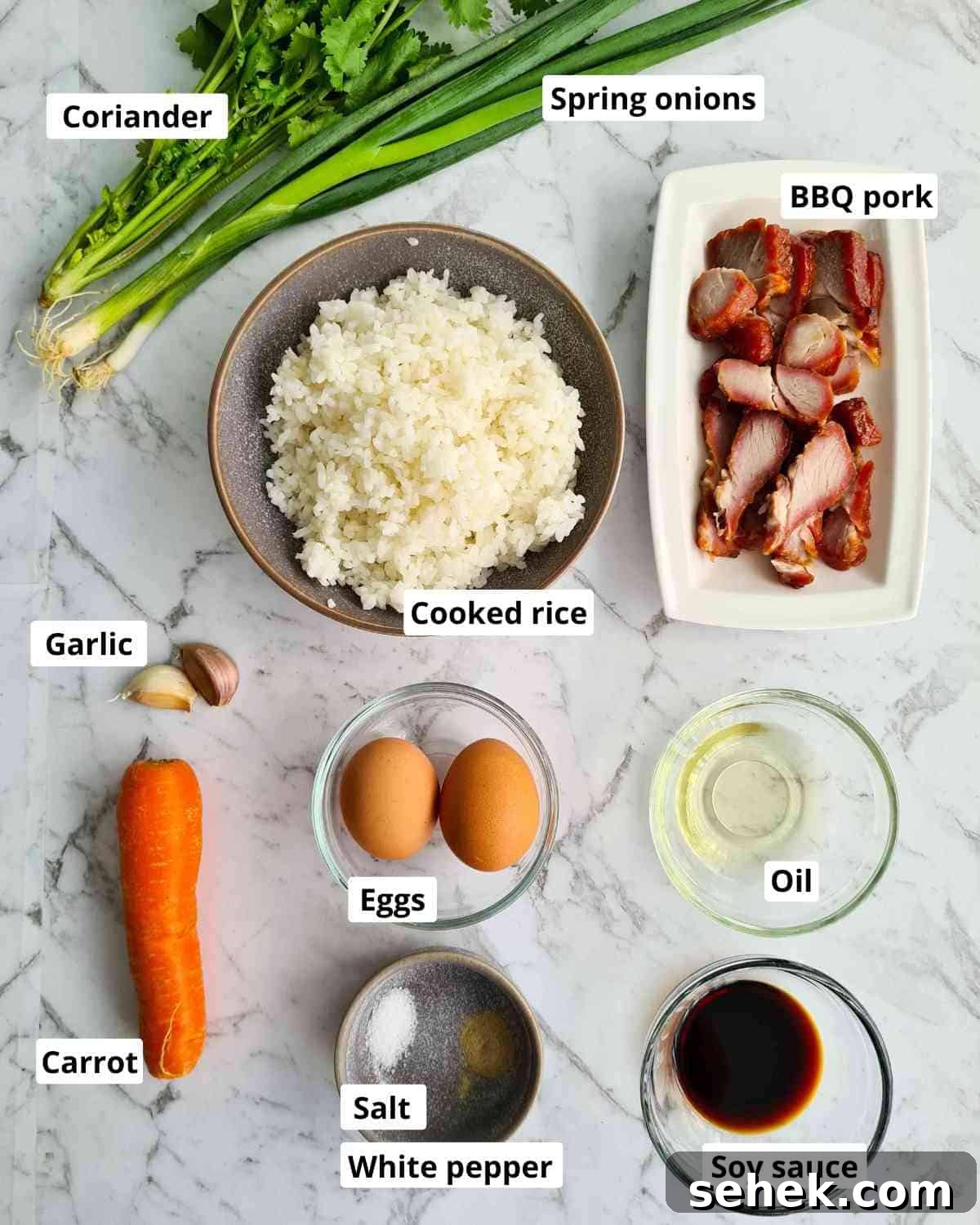 Chinese BBQ Pork Fried Rice Recipe — Authentic Char Siu Fried Rice 4 Ingredients required to make Chinese BBQ pork fried rice, each item labeled