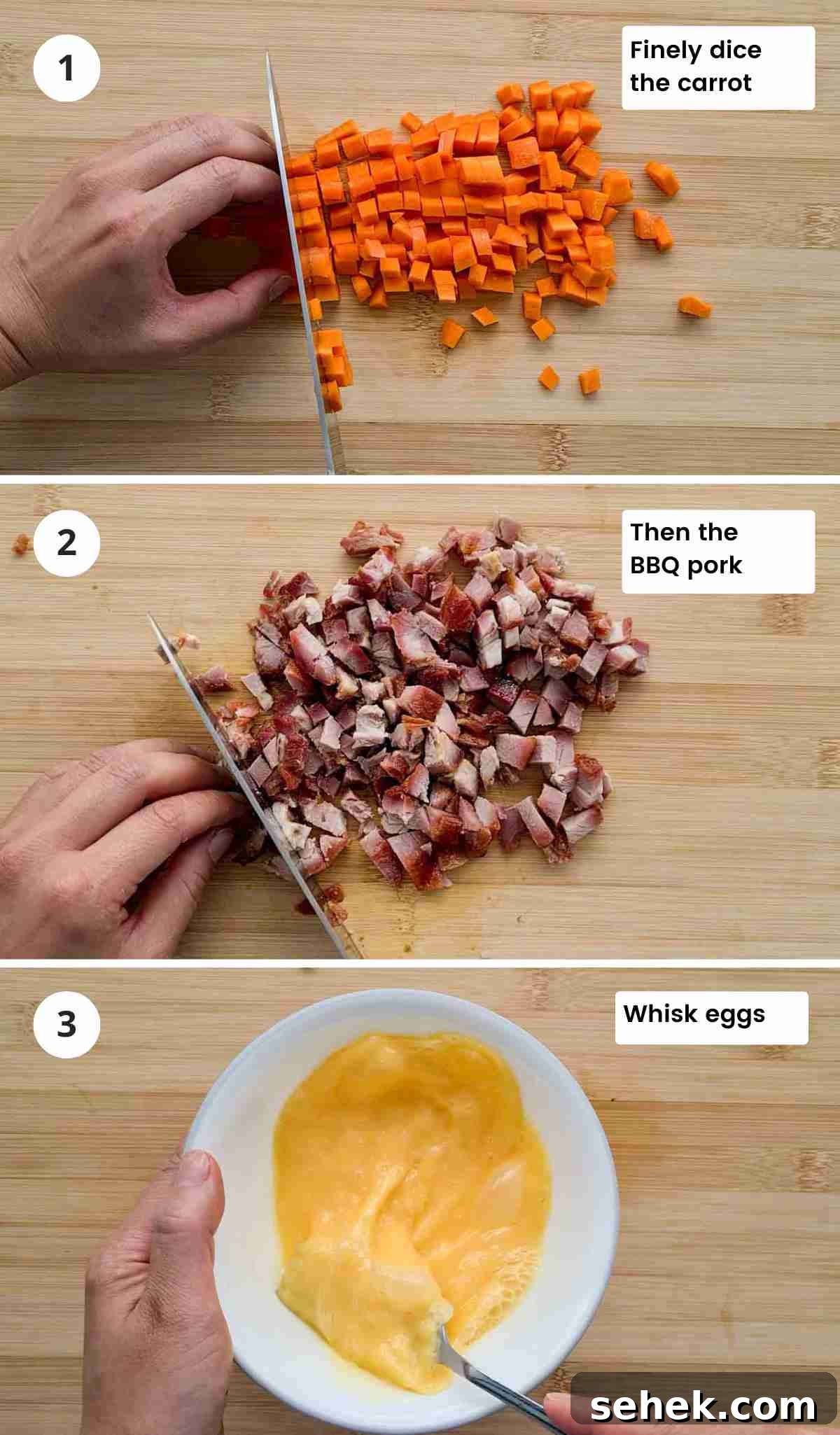Chinese BBQ Pork Fried Rice Recipe — Authentic Char Siu Fried Rice 5 3 step collage of preparing ingredients to make BBQ pork fried rice with captions