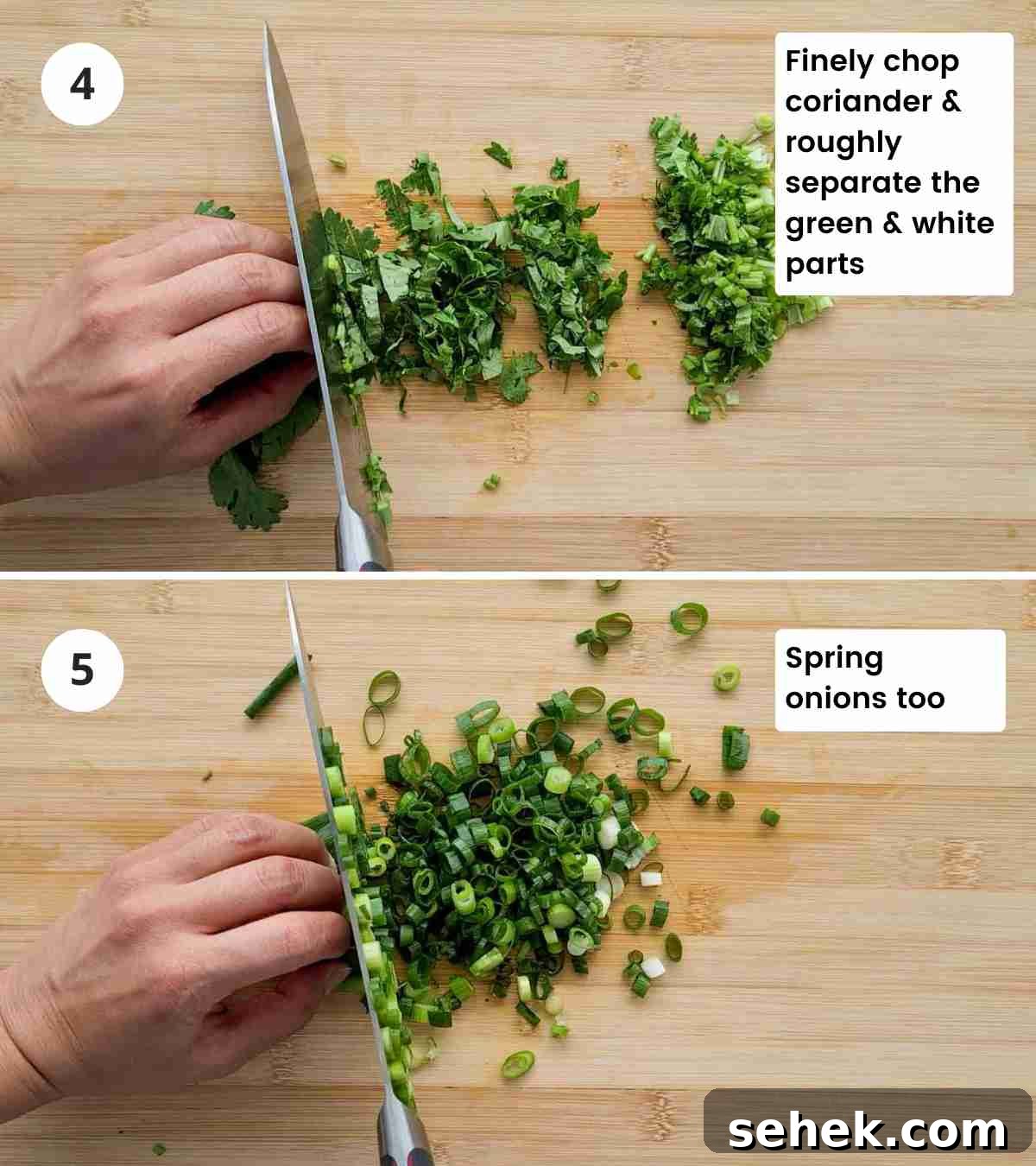 Chinese BBQ Pork Fried Rice Recipe — Authentic Char Siu Fried Rice 6 2 step collage of finely chopping coriander and spring onions with captions