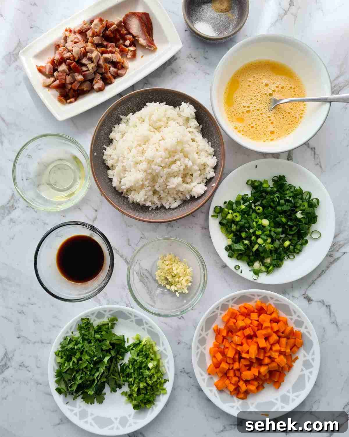 Chinese BBQ Pork Fried Rice Recipe — Authentic Char Siu Fried Rice 7 ingredients required for BBQ pork fried rice cut and prepared ready for cooking