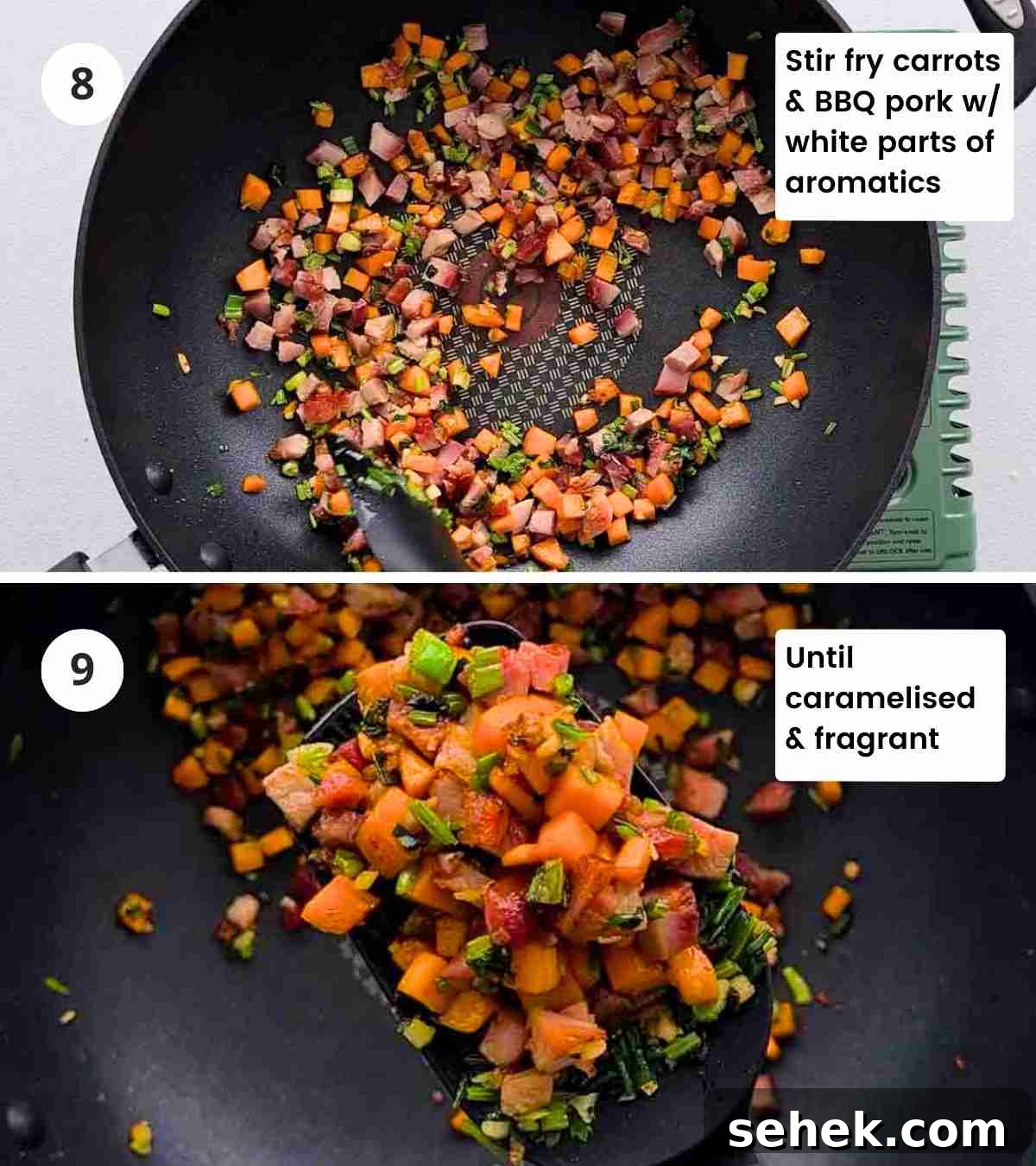 Chinese BBQ Pork Fried Rice Recipe — Authentic Char Siu Fried Rice 9 2 step collage of stir frying aromatic ingredients for the fried rice before rice is added with captions