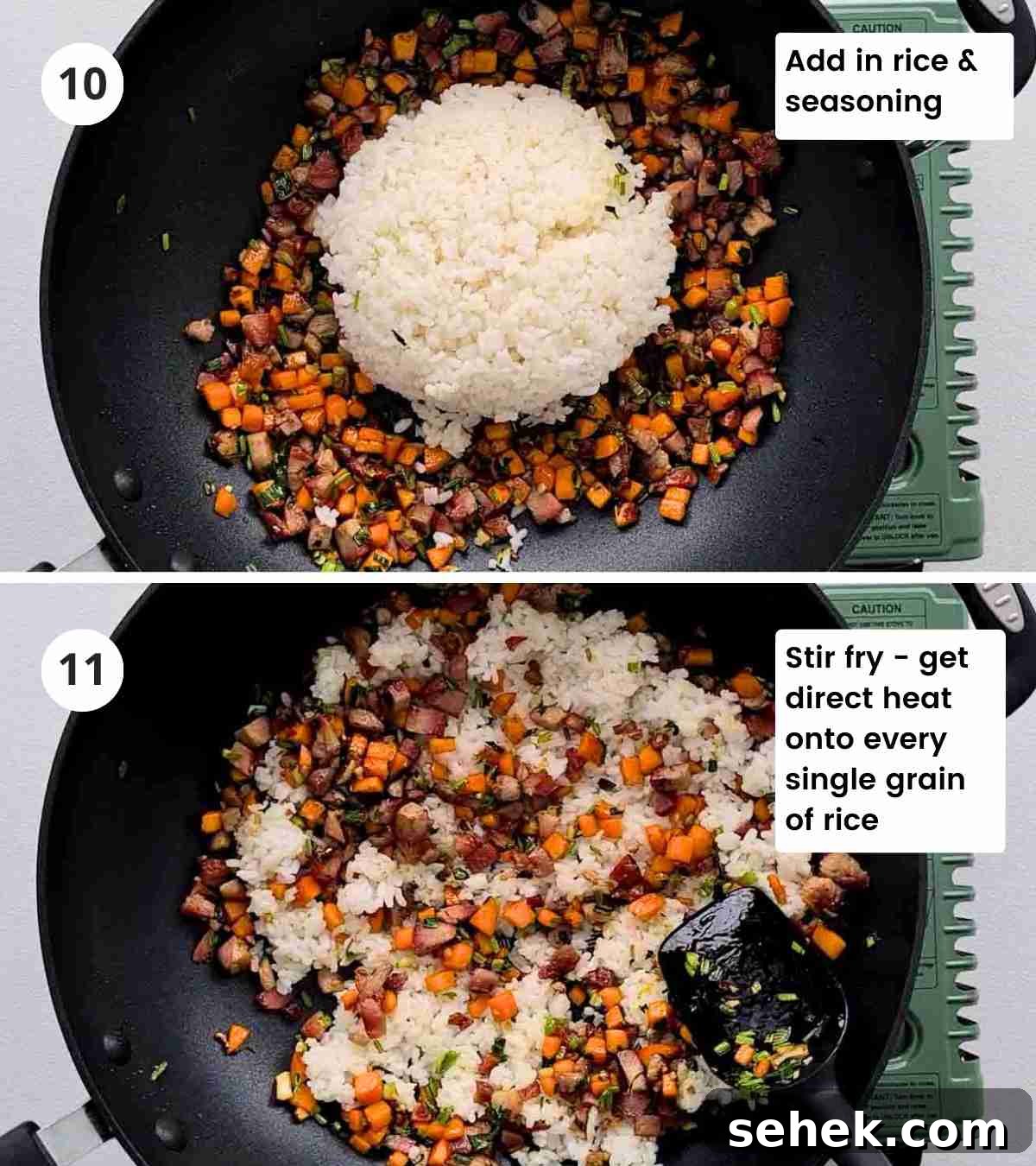 Chinese BBQ Pork Fried Rice Recipe — Authentic Char Siu Fried Rice 10 2 step collage making fried rice with rice added into the wok with captions