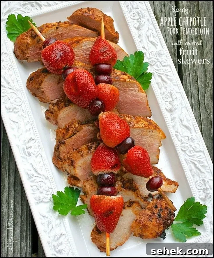 Spicy Grilled Apple-Chipotle Pork Tenderloins with Grilled Strawberries & Red Grapes with Cinnamon