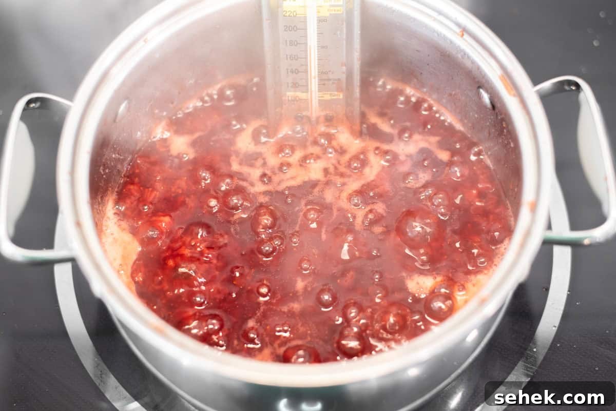 Low-Sugar Strawberry Jam Recipe — Small-Batch Preserving Tips 5 Strawberry jam boiling in pot.