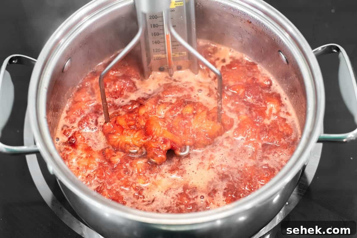 Low-Sugar Strawberry Jam Recipe — Small-Batch Preserving Tips 6 Strawberry jam being mashed in pot.
