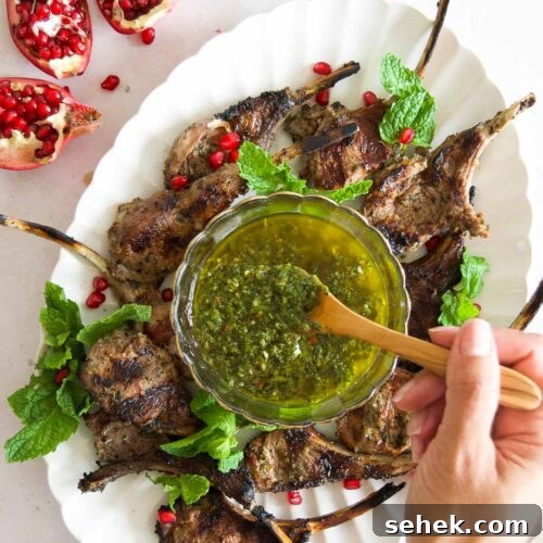 Marinated Grilled Lamb Chops Recipe for Juicy, Flavorful Results 12 a hand stirs a spoon in a bowl of mint chimichurri next to grilled lamb chops on a stone surface next to pomegranates