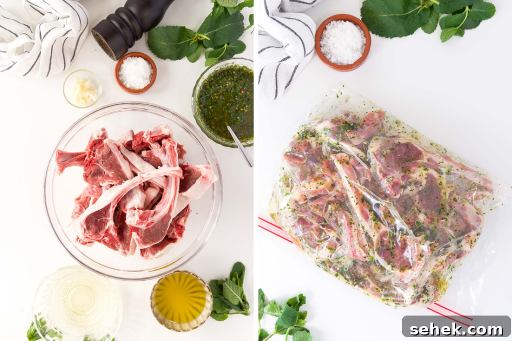 Marinated Grilled Lamb Chops Recipe for Juicy, Flavorful Results 4 collage of two images showing ingredients to make lamb chop marinade and the lamb chops marinating in a plastic bag